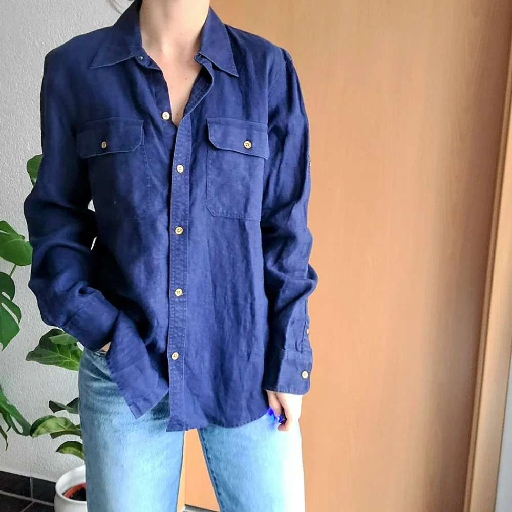 Lauren Ralph Lauren Navy Blue Linen Long Sleeve Button Down Shirt Size Medium - Picture 5 of 13